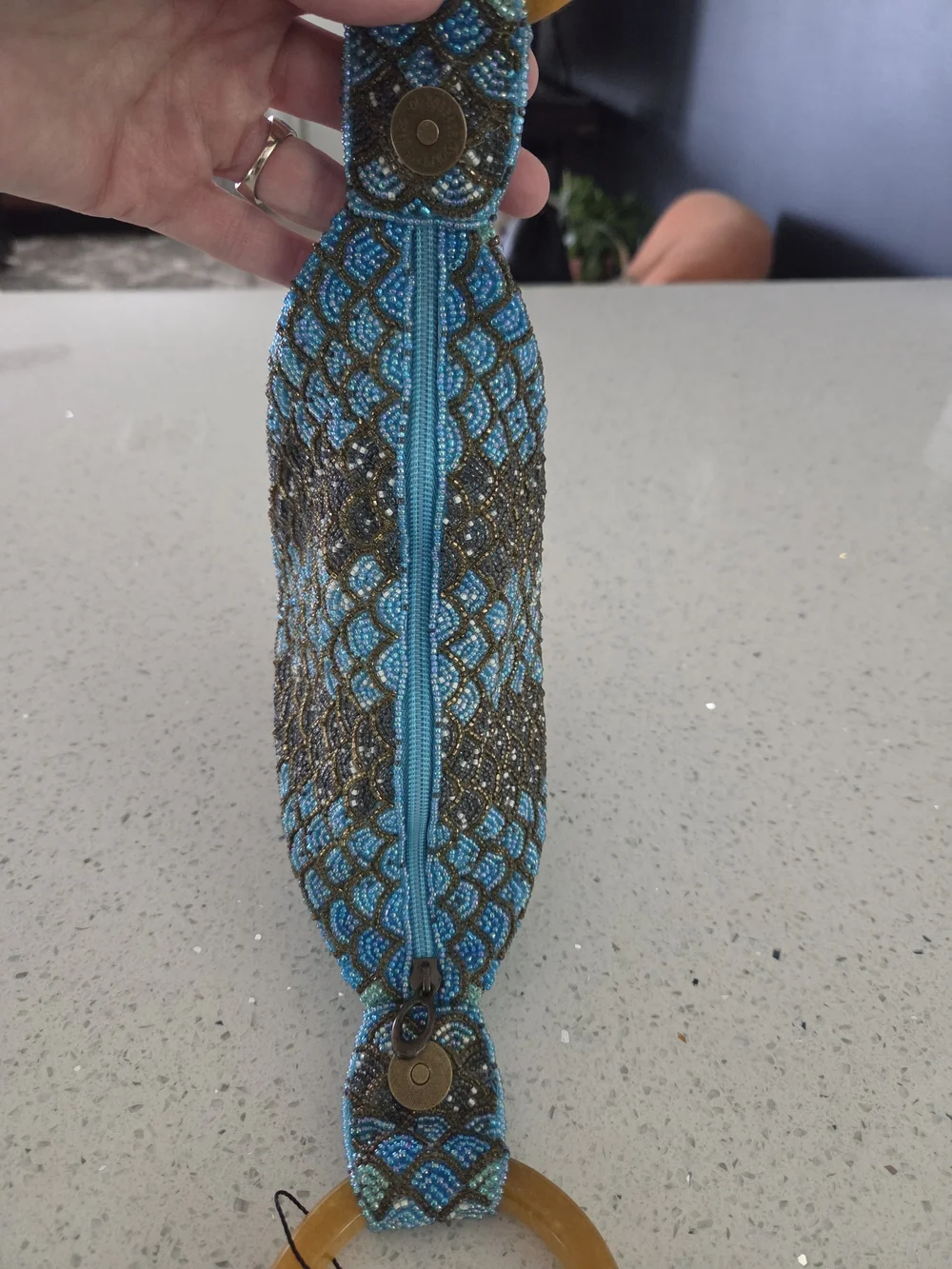 Bamboo Trading Company Mermaid Shimmer Beaded Handbag Wooden Bangle Handle NWT